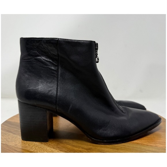 Sole Society Black Leather Ankle Boots Zip Front Pointed Toe Block Heel Womens 7 - Picture 1 of 9